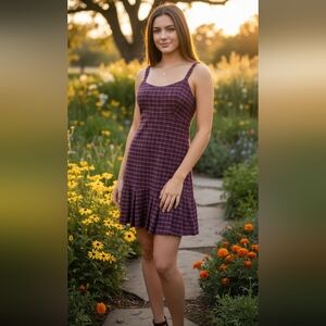 Hollister Plaid Pleasted Burgundy Mini Skirt Dress Adjustable Straps